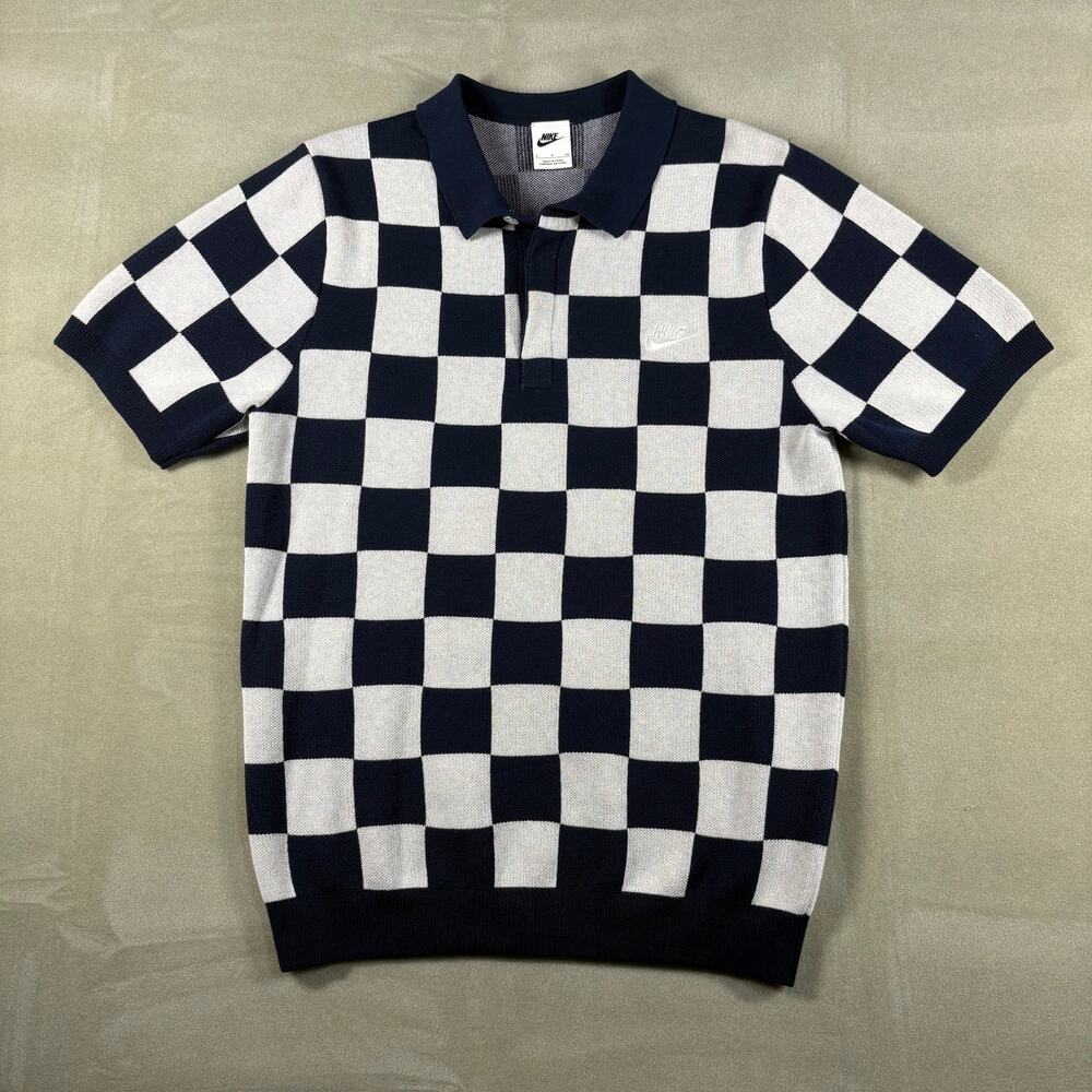 Nike Checkered Knit Polo‎ Shirt Small Navy White Checkerboard Short Sleeve